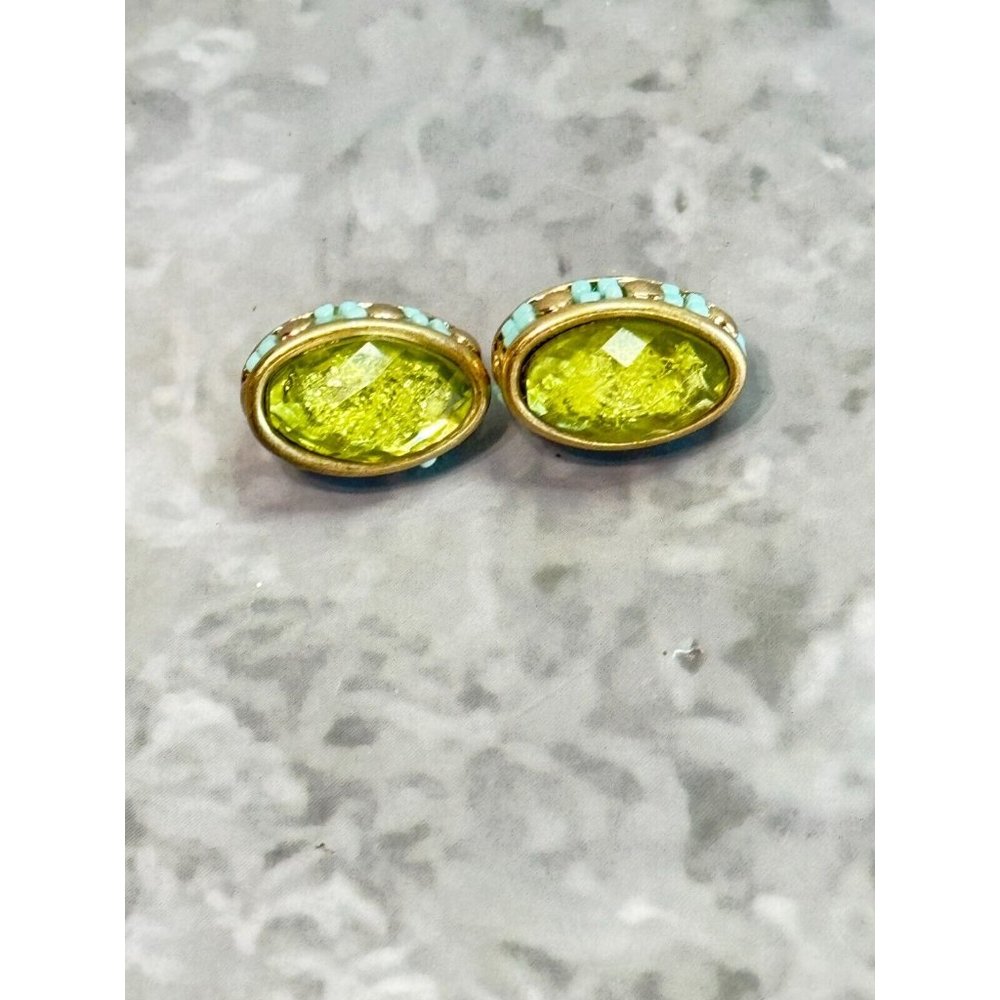 Vintage JJG Jonette Yellow Art Glass Blue Beaded Goldplate Clip On Earrings - Picture 3 of 6